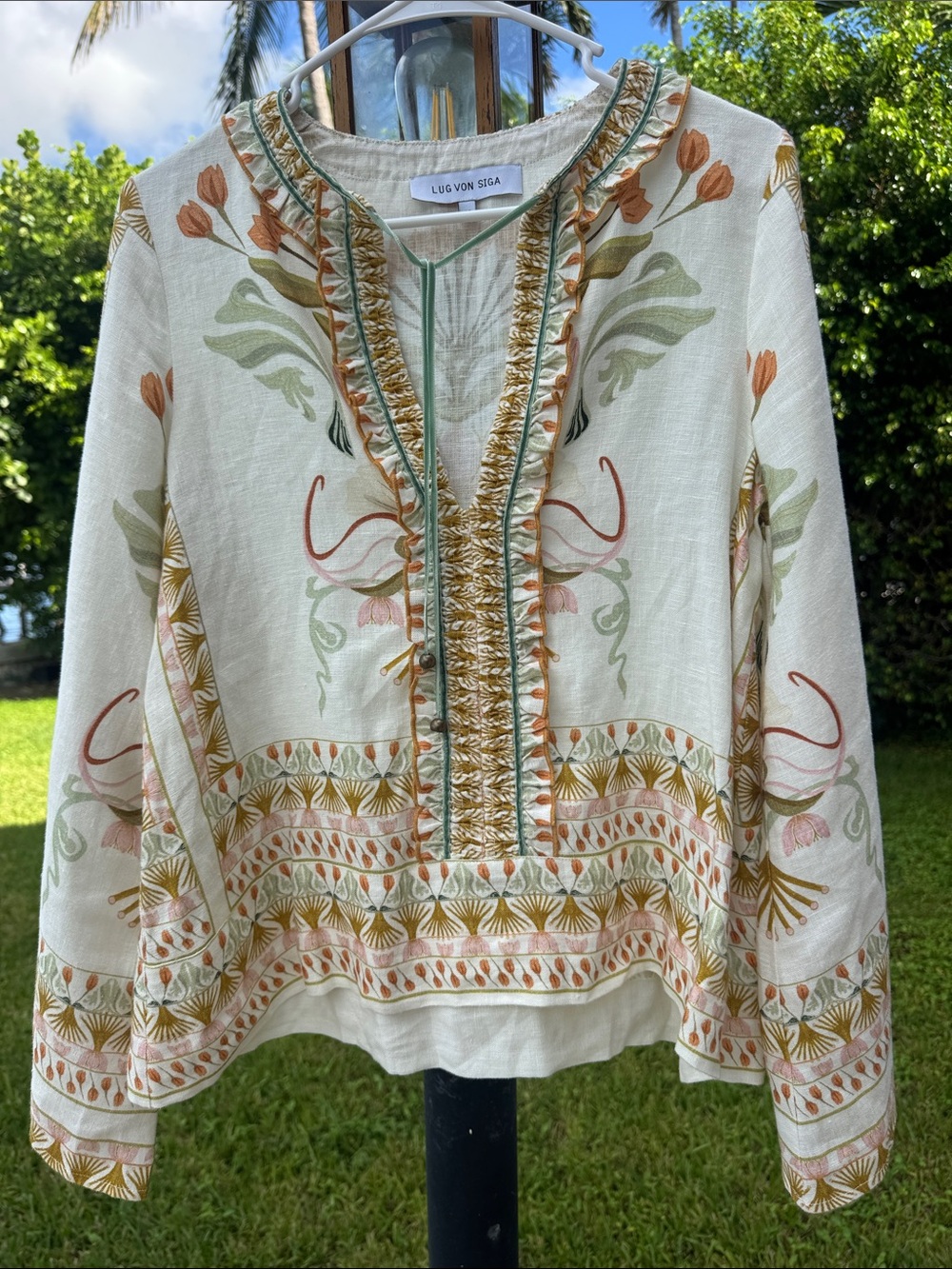 LUG VON SIGA Cream Embroidered Tunic Top 100% Linen Size 36